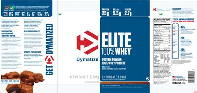 Photo of the Dymatize Elite 100% Whey Chocolate Fudge label