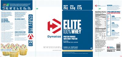 Photo of the Dymatize Elite 100% Whey Vanilla Cupcake label