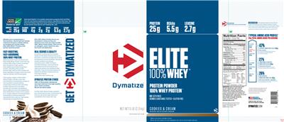 Photo of the Dymatize Elite 100% Whey Cookies & Cream label