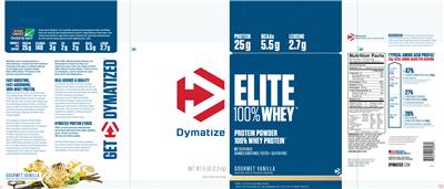 Photo of the Dymatize Elite 100% Whey Gourmet Vanilla label
