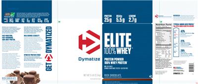 Photo of the Dymatize Elite 100% Whey Rich Chocolate label