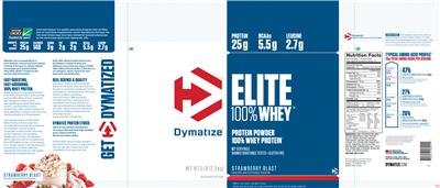 Photo of the Dymatize Elite 100% Whey Strawberry Blast label