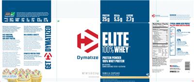 Photo of the Dymatize Elite 100% Whey Vanilla Cupcake label