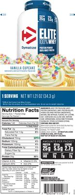 Photo of the Dymatize Elite 100% Whey Vanilla Cupcake label