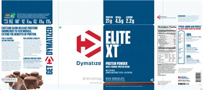 Photo of the Dymatize Elite XT Rich Chocolate label