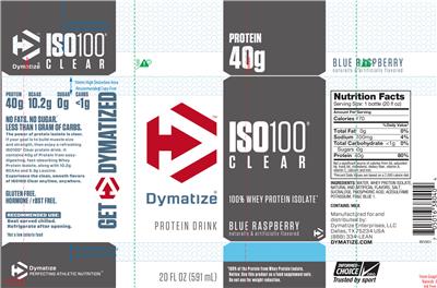 Photo of the Dymatize ISO100 Clear Blue Raspberry label