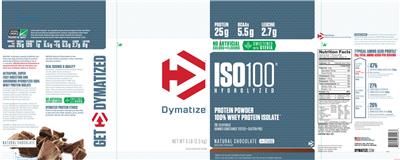 Photo of the Dymatize ISO100 Hydrolyzed Natural Chocolate label