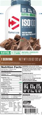 Photo of the Dymatize ISO100 Hydrolyzed Natural Chocolate label