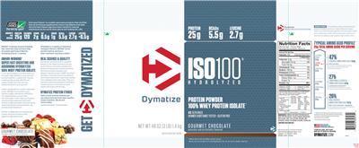 Photo of the Dymatize ISO100 Hydrolyzed Gourmet Chocolate label