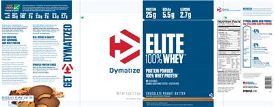 Photo of the Dymatize Elite 100% Whey Chocolate Peanut Butter label