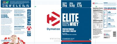 Photo of the Dymatize Elite 100% Whey Strawberry Blast label