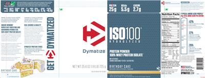 Photo of the Dymatize ISO100 Hydrolyzed Birthday Cake label
