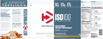 Photo of the Dymatize ISO100 Hydrolyzed Cinnamon Bun label