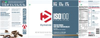 Photo of the Dymatize ISO100 Hydrolyzed Cookies & Cream label