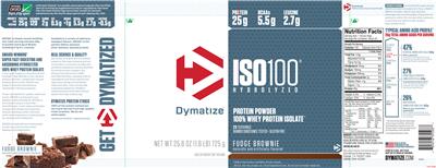 Photo of the Dymatize ISO100 Hydrolyzed Fudge Brownie label
