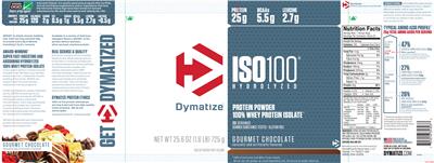 Photo of the Dymatize ISO100 Hydrolyzed Gourmet Chocolate label