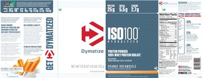 Photo of the Dymatize ISO100 Hydrolyzed Orange Dreamsicle label
