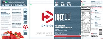 Photo of the Dymatize ISO100 Hydrolyzed Strawberry label