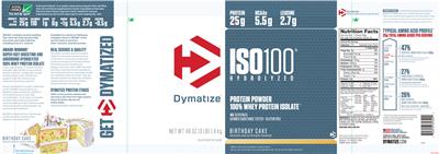 Photo of the Dymatize ISO100 Hydrolyzed Birthday Cake label