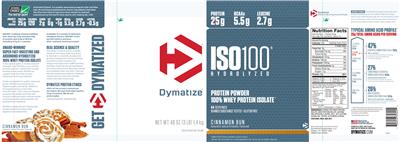 Photo of the Dymatize ISO100 Hydrolyzed Cinnamon Bun label