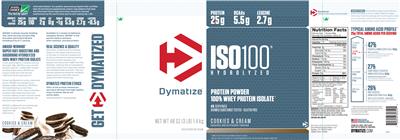 Photo of the Dymatize ISO100 Hydrolyzed Cookies & Cream label