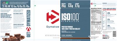 Photo of the Dymatize ISO100 Hydrolyzed Fudge Brownie label