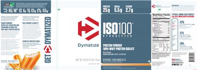 Photo of the Dymatize ISO100 Hydrolyzed Orange Dreamsicle label