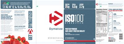 Photo of the Dymatize ISO100 Hydrolyzed Strawberry label