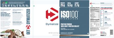 Photo of the Dymatize ISO100 Hydrolyzed Chocolate Coconut label
