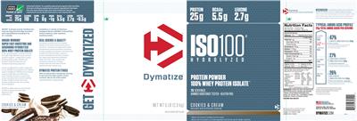 Photo of the Dymatize ISO100 Hydrolyzed Cookies & Cream label