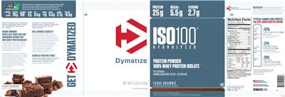 Photo of the Dymatize ISO100 Hydrolyzed Fudge Brownie label