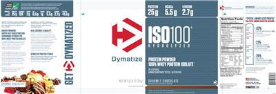 Photo of the Dymatize ISO100 Hydrolyzed Gourmet Chocolate label