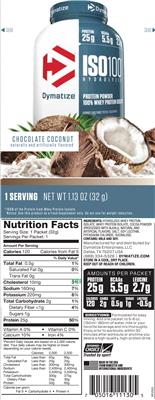 Photo of the Dymatize ISO100 Hydrolyzed Chocolate Coconut label