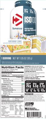 Photo of the Dymatize ISO100 Hydrolyzed Birthday Cake label