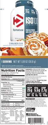 Photo of the Dymatize ISO100 Hydrolyzed Cinnamon Bun label