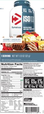 Photo of the Dymatize ISO100 Hydrolyzed Gourmet Chocolate label