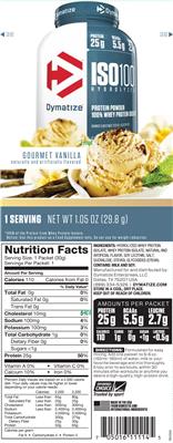 Photo of the Dymatize ISO100 Hydrolyzed Gourmet Vanilla label
