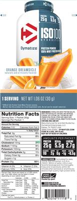 Photo of the Dymatize ISO100 Hydrolyzed Orange Dreamsicle label
