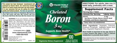 Photo of the Vitamin World Chelated Boron 3 mg label