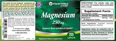Photo of the Vitamin World Magnesium 250 mg label