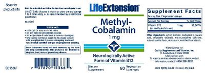 Photo of the Life Extension Methyl-Cobalamin 1 mg label