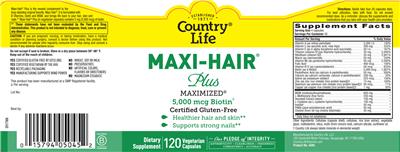 Photo of the Country Life Maxi-Hair Plus 5,000 mcg Biotin label