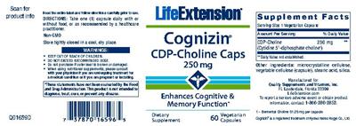 Photo of the Life Extension Cognizin CDP-Choline Caps 250 mg label