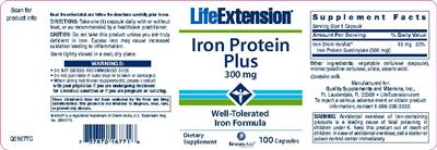 Photo of the Life Extension Iron Protein Plus 300 mg label