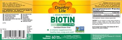 Photo of the Country Life High Potency Biotin 10 mg label