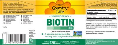 Photo of the Country Life High Potency Biotin 10 mg label