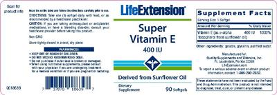 Photo of the Life Extension Super Vitamin E 400 IU label