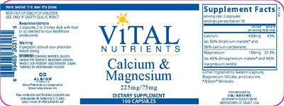 Photo of the Vital Nutrients Calcium & Magnesium 225 mg/75 mg label