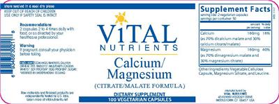 Photo of the Vital Nutrients Calcium/Magnesium (Citrate/Malate Formula) label