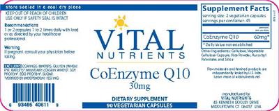 Photo of the Vital Nutrients CoEnzyme Q10 30 mg label